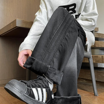 Winter Velvet Wide Leg Jeans Side Striped Straight Casual Fashion Denim Trousers Hip Hop Streetwear Warm Pants Plus Size 8XL-M